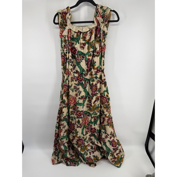 Figue Womens Floral Bird Print Tassel Ruffle Midi Dress Cream Gold Lurex Size M - Picture 2 of 8